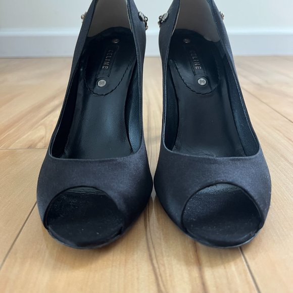 Celine Peep Toe Black Satin Pumps with Chain on Back Size 36.5 $895 - Picture 11 of 14
